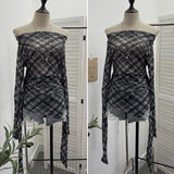 Lattice Mesh Long-Sleeved T-Shirt Irregularly Drifted Y2k Oblique Shoulder Short Top
