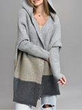 And Autumn Classic Splicing Color Knitted Sweater Cardigan Women's Fashion Hooded Loose Casual