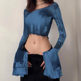 Zingj Slim Mesh Print Sleeve Horn Long Sleeve Perspective Crop Fashion Women's