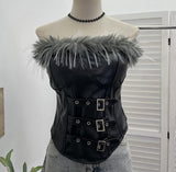 Shooting Retro Pu Skin Spliced Hair Bra Bra Strap Chest Punk Hottie Skin Buckle Waist Short Top