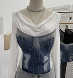 Sexy Collar Long-Sleeved T-Shirt To Make Old Hole Cowboy Splicing Net Bare Back Short Top