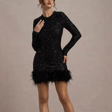 Women's Dress Sexy Dress Long Sleeve Solid Color Sequin Feather Dress Round Collar Woman