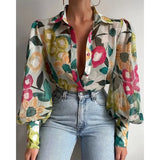 Lantern Sleeve Blouses 2023 Fashion Tops Spring Office Lady Vintage Floral Shirt Ladies Button Up Long Sleeve Shirts