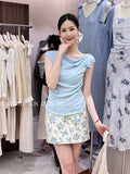 Xixi 13 Lines 2025 Summer New Temperament Ice Silk Bottom Knitted Flower Design Short-Sleeved T-Shirt