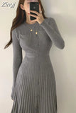 Korean Casual Knitting Midi Dresses for Women Buttons Knitted Sweater Dress Elegant Pleated Femme Autumn Winter