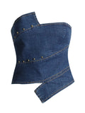 Hot Girls Wind Niche Design 2025 Autumn Style Wipe Chest Irregular Slim Jeans Patchwork Jacket