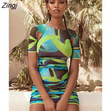 Print Hollow Out Ruched Dress For Women O Neck Short Sleeve Bodycon Mini Dress Ladies Streetwear Elegant Party