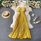 Sexy Spaghetti Strap Dress Women Elegant Hollow Out High Waist Pleated Vestidos Female Party Robe New