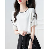 A Bow Round-Neck Short-Sleeved Chiffon Sleek Sleek Shirt For Women's New Elegant Oceanic Career In Summer