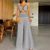 Zingj 2023 New Fashion Contrast Color Low-Cut Sexy Short Vest Casual Pants Suit-Outfit