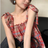 Lace Up Sleeveless Plaid Cami TopOutfit