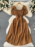 Vintage Women Square Collar Draped Dress Eleagant Puff Short Sleeve High Waist A-Line Knee-Length Robe Female New