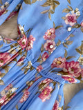 Vintage Floral Chiffon Long Dress Elegant O-Neck Puff Sleeve High Waist A-Line Ruffle Hem Vacation Beach Maxi