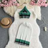 Zingj New Contrast Color Knit Hanging Neck Halter Jacket High Waist Slim Wrap Buttock Skirt Two