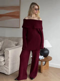 Selling A Word Shoulder Knitted Commuting Set Loose Top Broad Leg Trousers Simple High-Grade Gray Workplace
