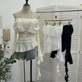 Ballet Style Shoulder Fold Texture Texture Coat Irregularly Ribbon Horn Sleeve Short Shirt