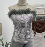 Shooting Retro Pu Skin Spliced Hair Bra Bra Strap Chest Punk Hottie Skin Buckle Waist Short Top