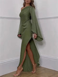 Women's Oblique Shoulder Dress Solidly Exposed Shoulder Repair Fork Horn Sleeve