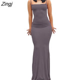 Women’s Summer Suspender Bodycon Slim Fit Long Dress Fashion Solid Color Spaghetti Strap Party Tight