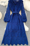Autumn Red/Yellow/Purple/Blue Hollow Out Embroidered Long Dress Women Vintage V-Neck Puff Sleeve Party Maxi Vestidos