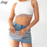 Women Ribbed Sleeveless Round Neck Crop Tops Rhinestone Tassel Hem Design Solid Color Summer Streetwear Tank
