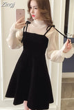 New Elegant Two Piece Dress for Women Women Winter Korean A-Line O-Neck Tops and Black Sundress Streetwear Dress