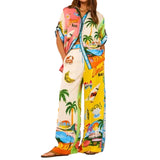 Women's Clothing Printing Color Loose Waist Pocket Broad Legs Casual Fashion Set Women's Two