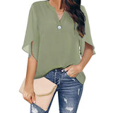 Short Sleeve Elegant Casual Pullover Solid Color V-neck Chiffon