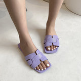 Version Of The Solid-Color Flat-Bottomed Slippers Women Slippers Square Head Breathable One Foot Pedal Home Slippers