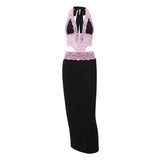 Zingj 2024 New Sexy Hot Girl Hollow Out Lace Lace Hanging Neck Jumpsuit Temperament Slit Skirt