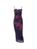 Backless Lace Trim Vintage Print Slit Maxi Dresses-Outfit