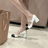 New Round Head High Heel Single Shoes JK Sweet Mary Treasure Shoes Coarse Heel Pearl Buckle Large Size Women's