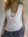 Hot Girls Fake Two Temperament Folded Backs And Collar Sleeveless T-Shirts Simple Thin