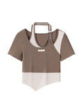 Patchwork T Shirt Women Y2k Style Crop Top O-neck Tshirt Streetwear Slim Sexy Hollow Out Irregular Short Sleeve