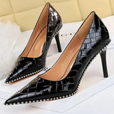 Shoes White Women Pumps Patent Leather Shoes High Heels Stiletto Luxury Party Shoes Metal Chain Rivets Heels Pumps