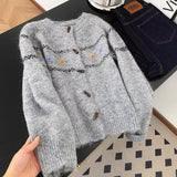 Buckle Loose Retro Sweater Cardigan Women 2025 Autumn And Winter New Round-Necked Collared Flower Knitted