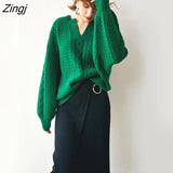 Harajuku Green Sweater Women V-Neck Long Sleeve Elegant Ladies Oversize Pullover Female Loose Knitted Jumper Casual