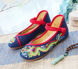 Zingj Dragon] Retro Embroidery Dragon Grain Shallow Mouth Plate Buckle Low Heel Canvas Embroidered Cloth Shoes Women's Single