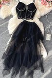 Sexy Black Mesh 2pcs Set Women Zipper Strapless Diamonds Short Tops + Irregular Long Skirt Female Party Two Piece