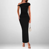 Summer Women's Temperament Elegant Fashion Sexy Solid Color Oblique Shoulder High-Waisted