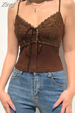 Y2K Retro Fashion Lace Patchwork Brown Crop Top Grunge Fairycore Strap Bow Camisole Slim Basic Summer Women Tops