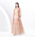 Early Spring Holiday Wind Collar Lantern Sleeve Print Single Buckle Waist Dress Female Pressure Fold Elegant Long
