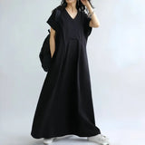 Summer New Women's V-Neck Bat Sleeves Folding Solid Color Dress Slimming Women's