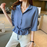 Women Solid Turn-down Collar Half Sleeve Chiffon Shirt Fashion Casual Shirring Single-breasted Blouses Female