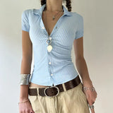 Zingj Hot Girl Simple Blue Striped Shirt Polo Collar Waist Versatile Single Breasted Casual