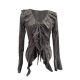 Wind To Make Old Hole Horn Long Sleeve Open Shirt Tie With Lotus Leaf Side V Collar Sunscreen Shirt