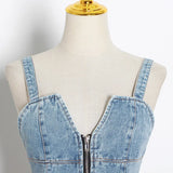 Zingj 2024 New Sexy V Collar Color Splicing Cowboy Zipper Waist Vest Irregular Halter Top