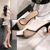 Temperament Cool Slippers Women's Summer Wear A New Fine Heel Mesh Hot Diamond Pointy Fish Mouth Exposed High