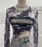 Shooting Hottie Perspective Dye Mesh Spliced Denim Long-Sleeved Shirt T-Shirt T-Shirt