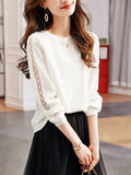 Collar Hollow Lace Texture Top T2025 Spring New Fashion Temperament Knitted Long-Sleeved T-Shirt